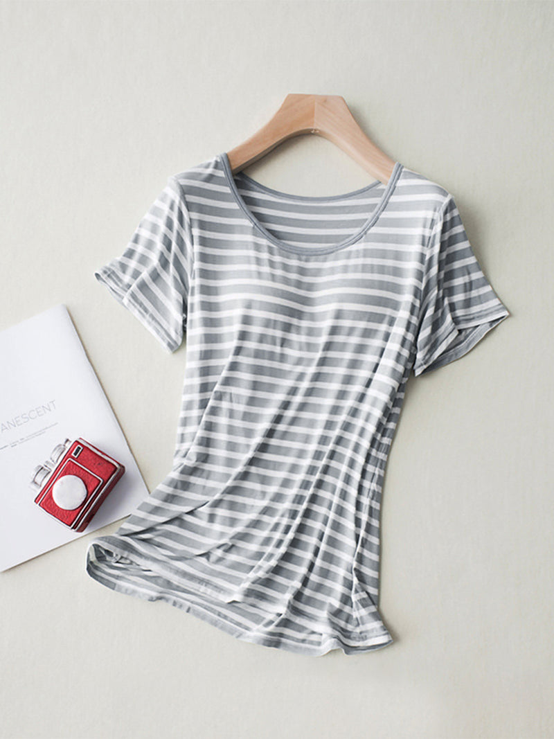 Striped Round Neck Short Sleeve T-Shirt with Bra Gray