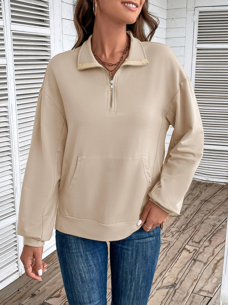 Perfee Half Zip Sweatshirt with Pocket Tan