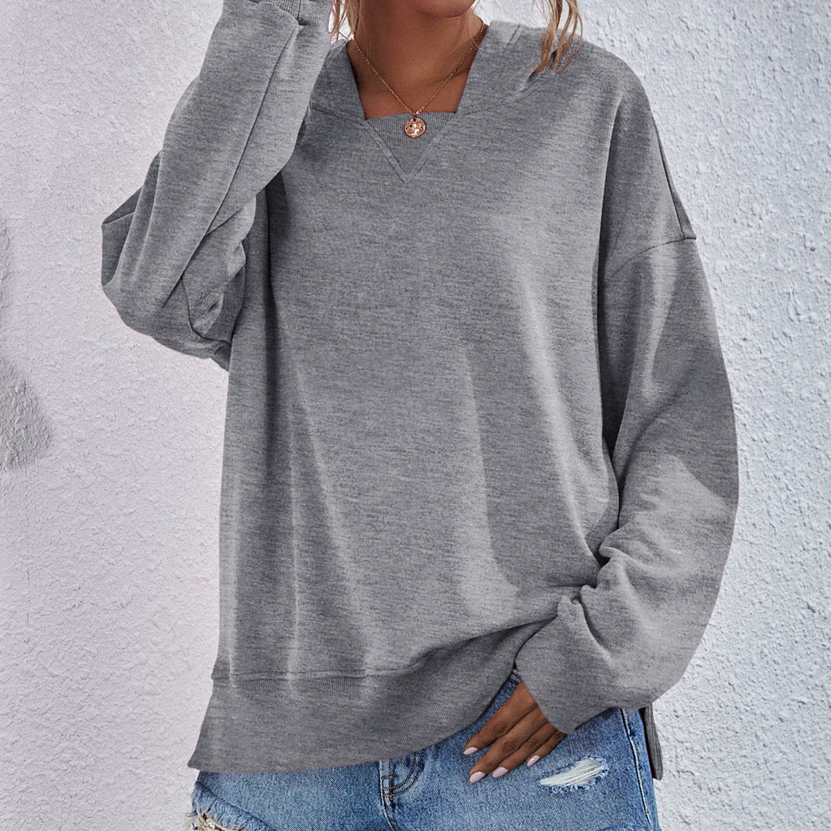 Dropped Shoulder Slit Hoodie Heather Gray