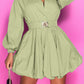 Notched Button Up Balloon Sleeves Dress