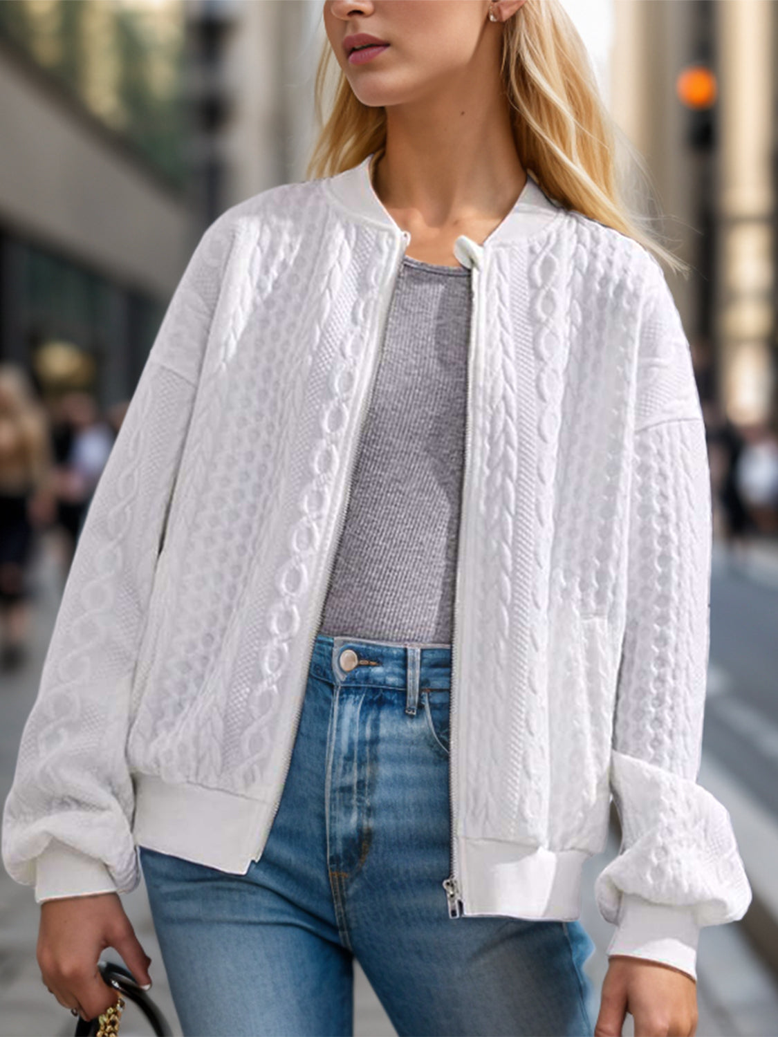 Textured Zip Up Dropped Shoulder Jacket White
