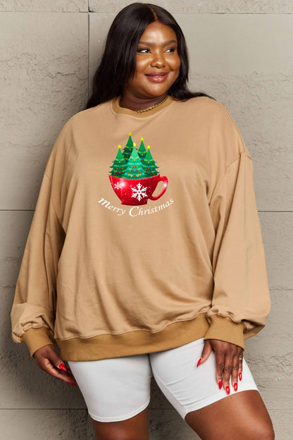 Simply Love Full Size MERRY CHRISTMAS Graphic Sweatshirt Tan