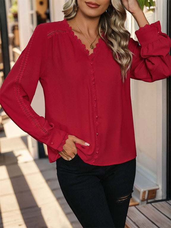 Perfee Lace Detail V-Neck Long Sleeve Blouse Deep Red