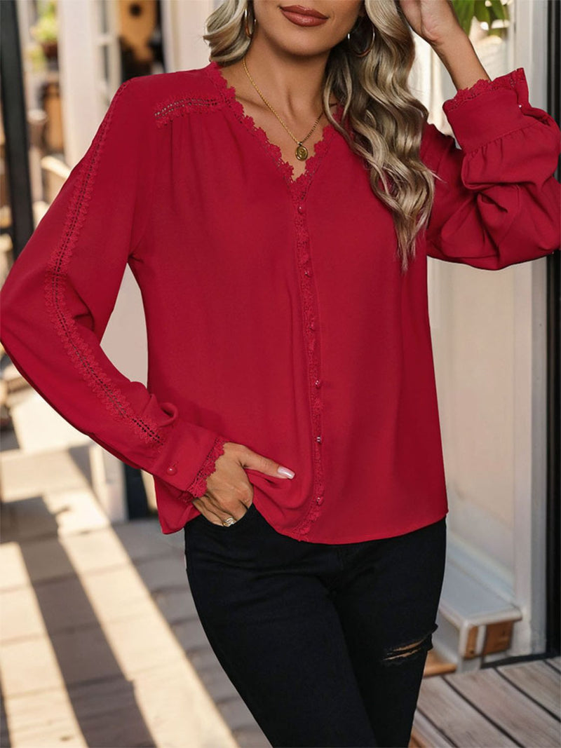 Perfee Lace Detail V-Neck Long Sleeve Blouse Deep Red