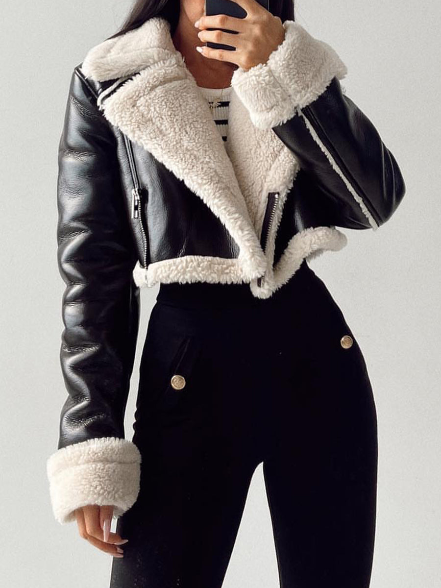 Collared Neck Long Sleeve Plush Cropped Jacket Black White