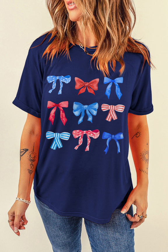 Bow Graphic Round Neck Short Sleeve T-Shirt Dark Blue