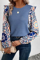 Ruffled Printed Round Neck Long Sleeve Top Dusty Blue