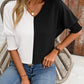 Contrast V-Neck Lantern Sleeve Blouse