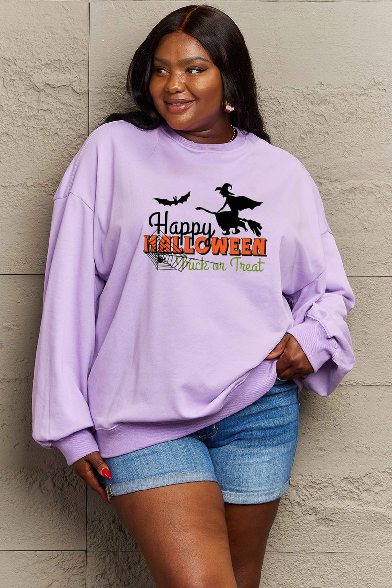 Simply Love Full Size HAPPY HALLOWEEN TRICK OR TREAT Graphic Sweatshirt Lavender