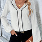 Contrast V-Neck Long Sleeve Blouse