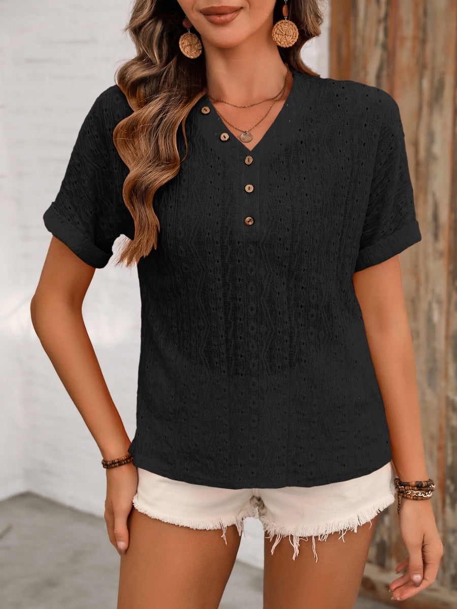 Ivy Lane Eyelet V-Neck Short Sleeve Top Black