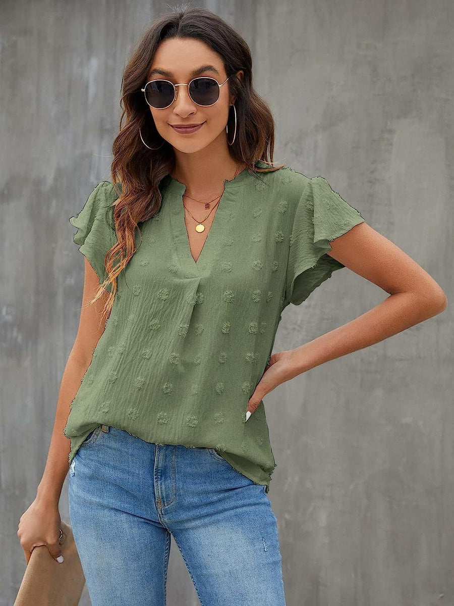 Swiss Dot Notched Cap Sleeve Blouse Matcha Green
