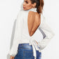 Backless Tie-Waist Turtleneck Lantern Sleeve Bodysuit