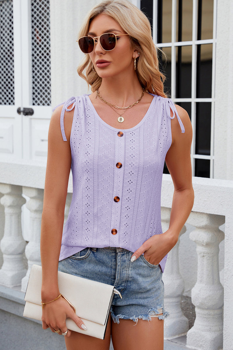 Eyelet Round Neck Wide Strap Tank Lavender