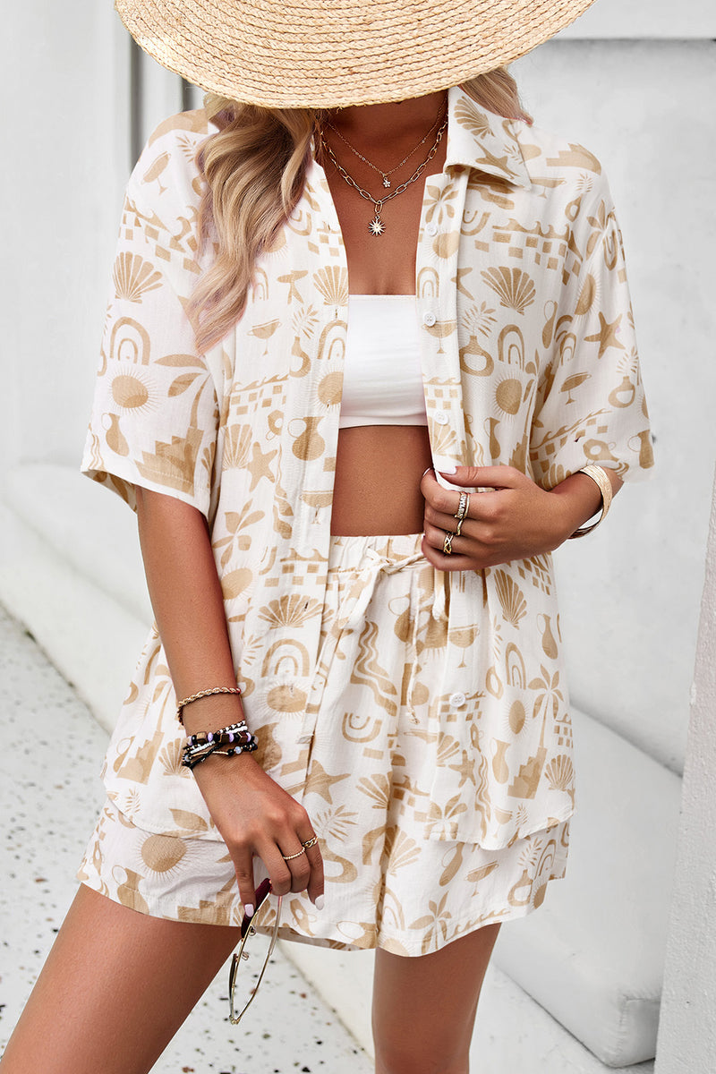 Printed Button Up Shirt and Shorts Set