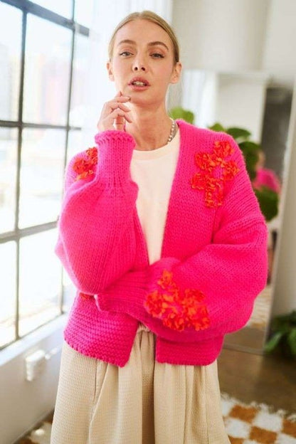 Davi & Dani Floral Applique Open Front Drop Shoulder Cardigan Hot Pink