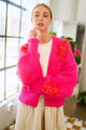 Davi & Dani Floral Applique Open Front Drop Shoulder Cardigan Hot Pink