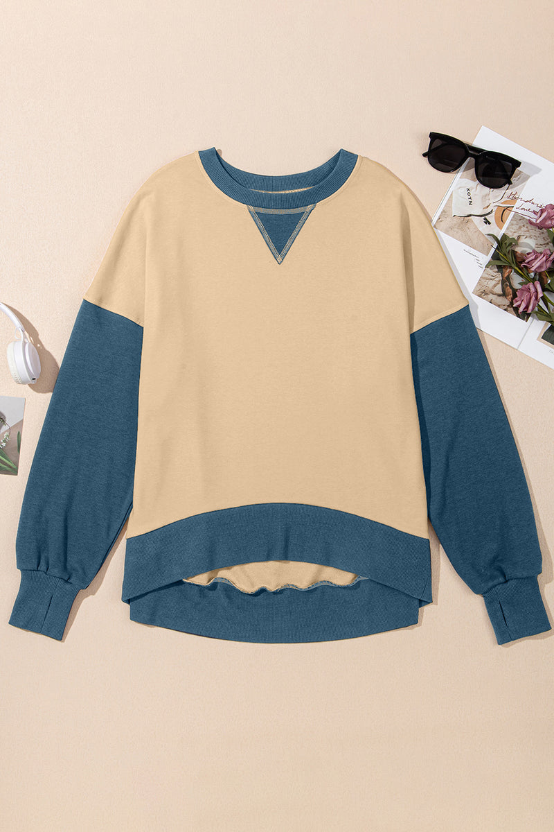 Contrast Round Neck Long Sleeve Sweatshirt Tan