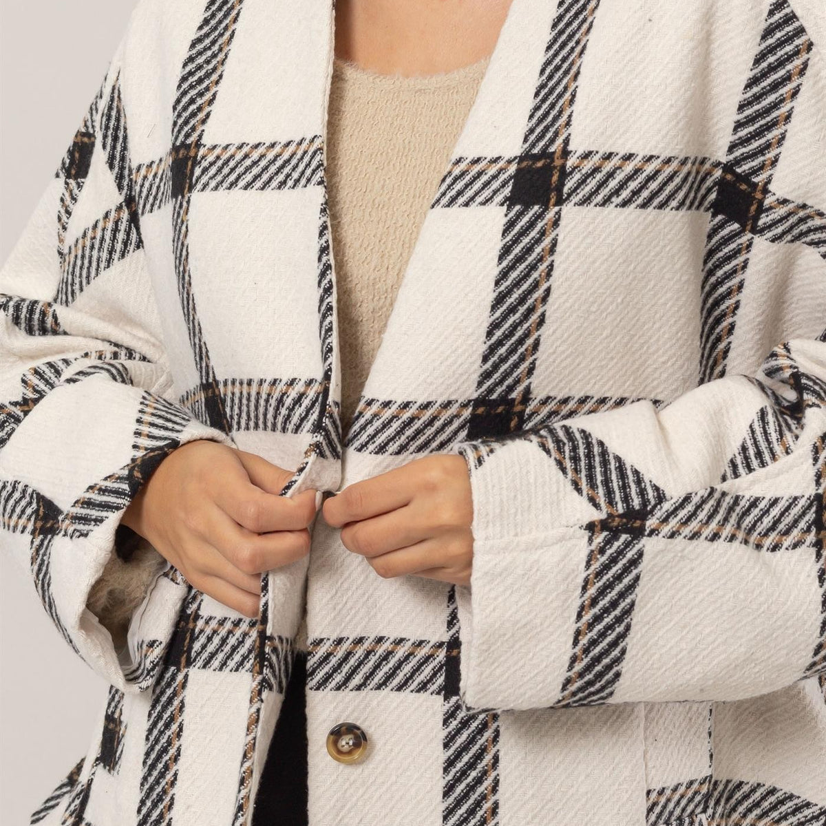 HYFVE Plaid Long Sleeve Jacket with Side Slit Pockets