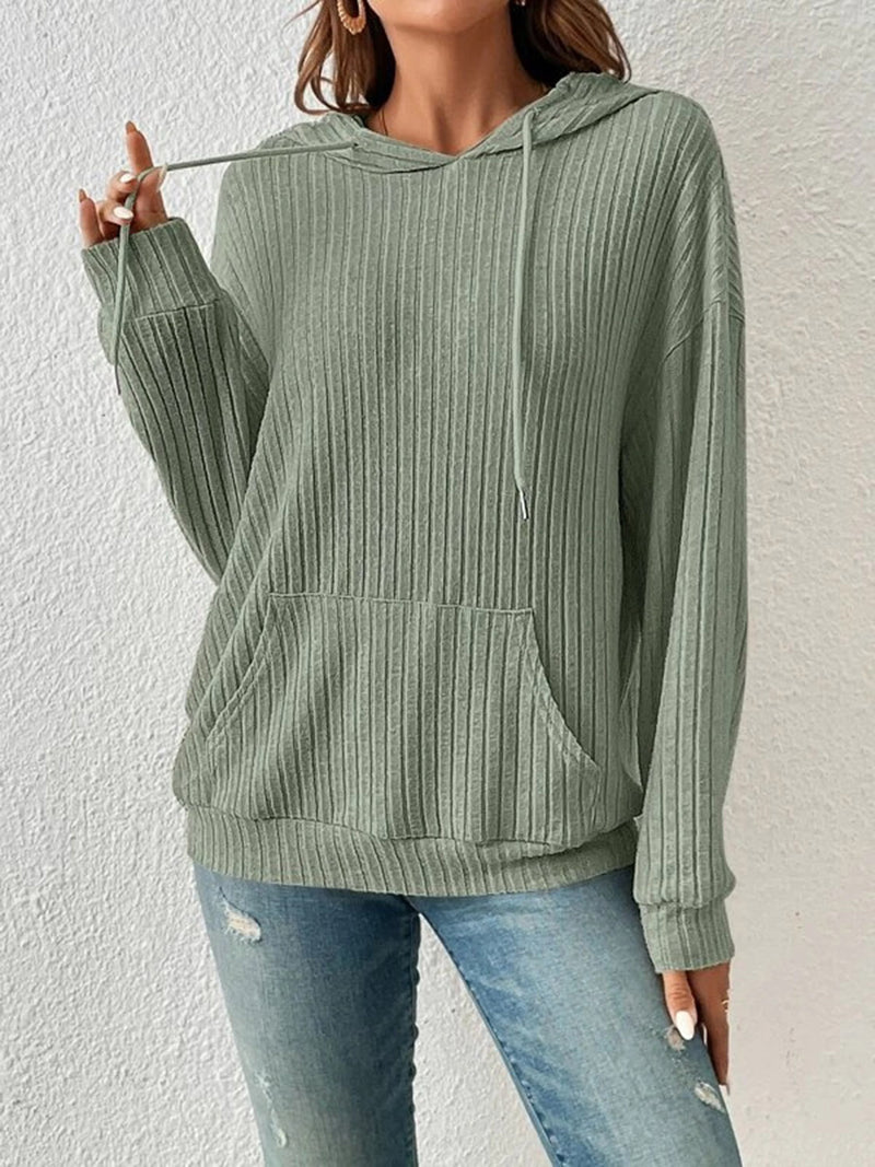 Ribbed Dropped Shoulder Drawstring Hoodie Gum Leaf
