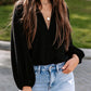 Notched Neck Long Sleeve Blouse