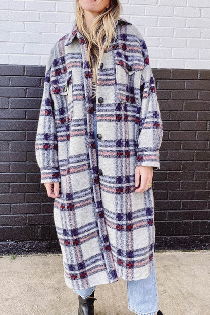 MeiMei Pocketed Plaid Long Sleeve Coat