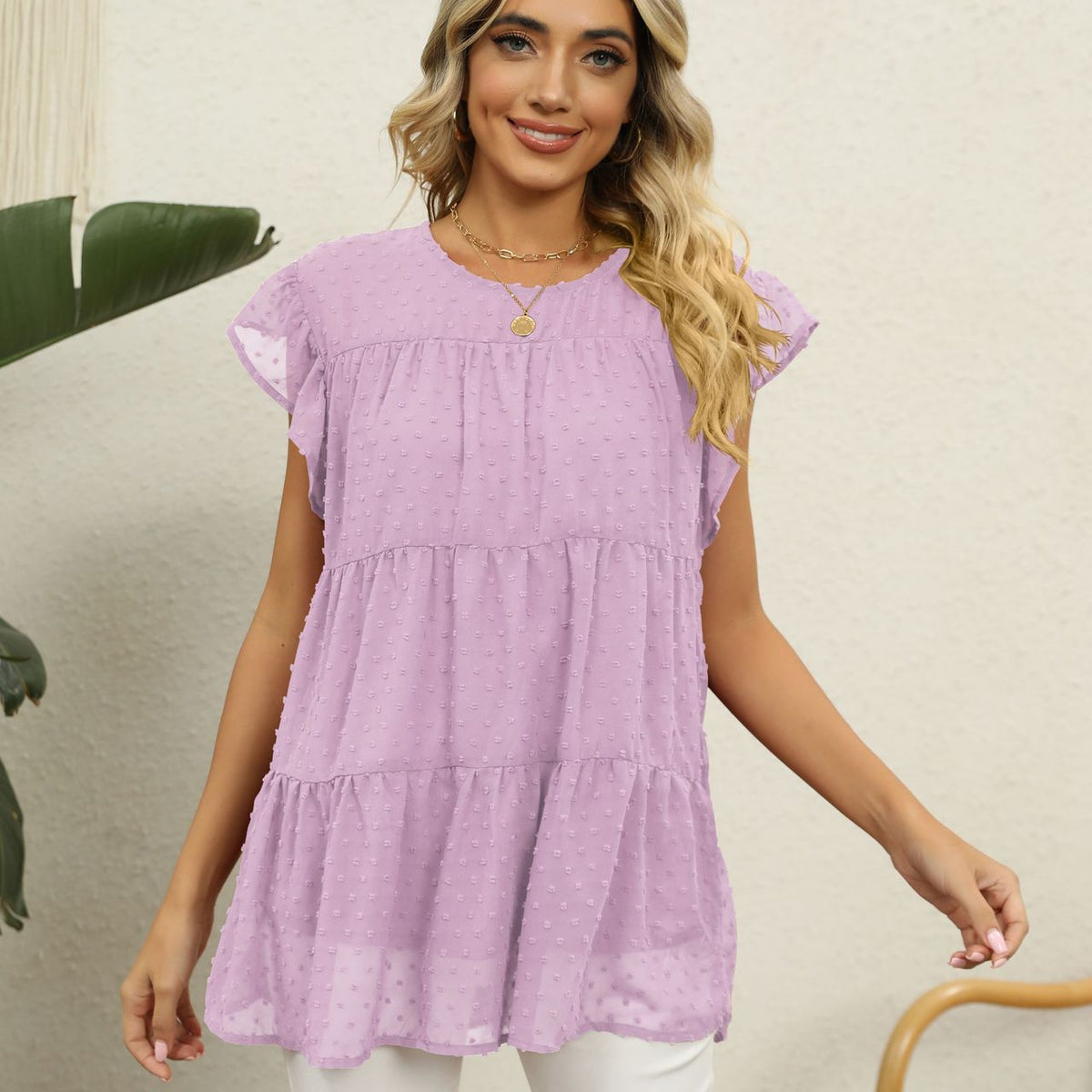 Swiss Dot Round Neck Tiered Blouse Pink Lavender