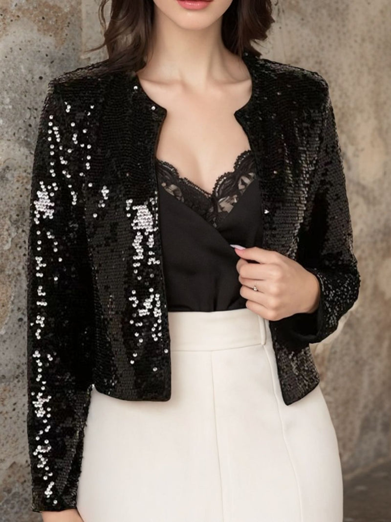 Full Size Sequin Open Front Cropped Jacket Black
