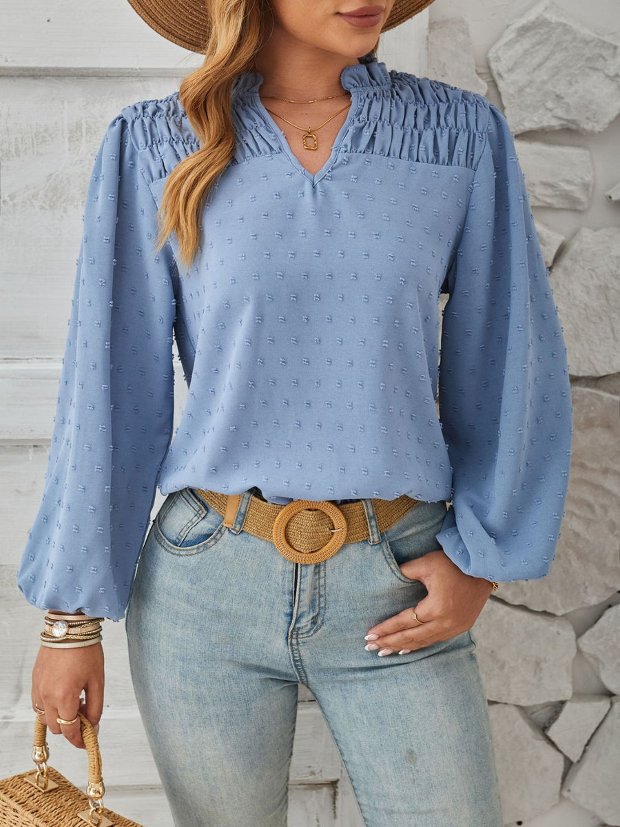 Ruched Swiss Dot Notched Balloon Sleeve T-Shirt Light Blue