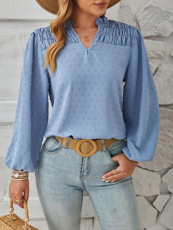 Ruched Swiss Dot Notched Balloon Sleeve T-Shirt Light Blue