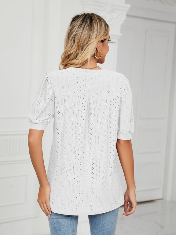 Florira Eyelet Notched Short Sleeve T-Shirt