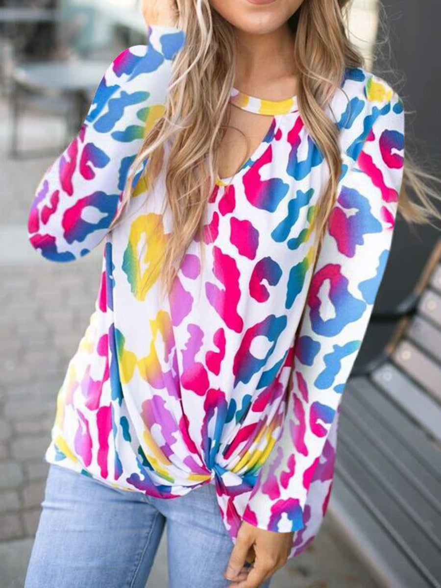Cutout Round Neck Long Sleeve T-Shirt Leopard