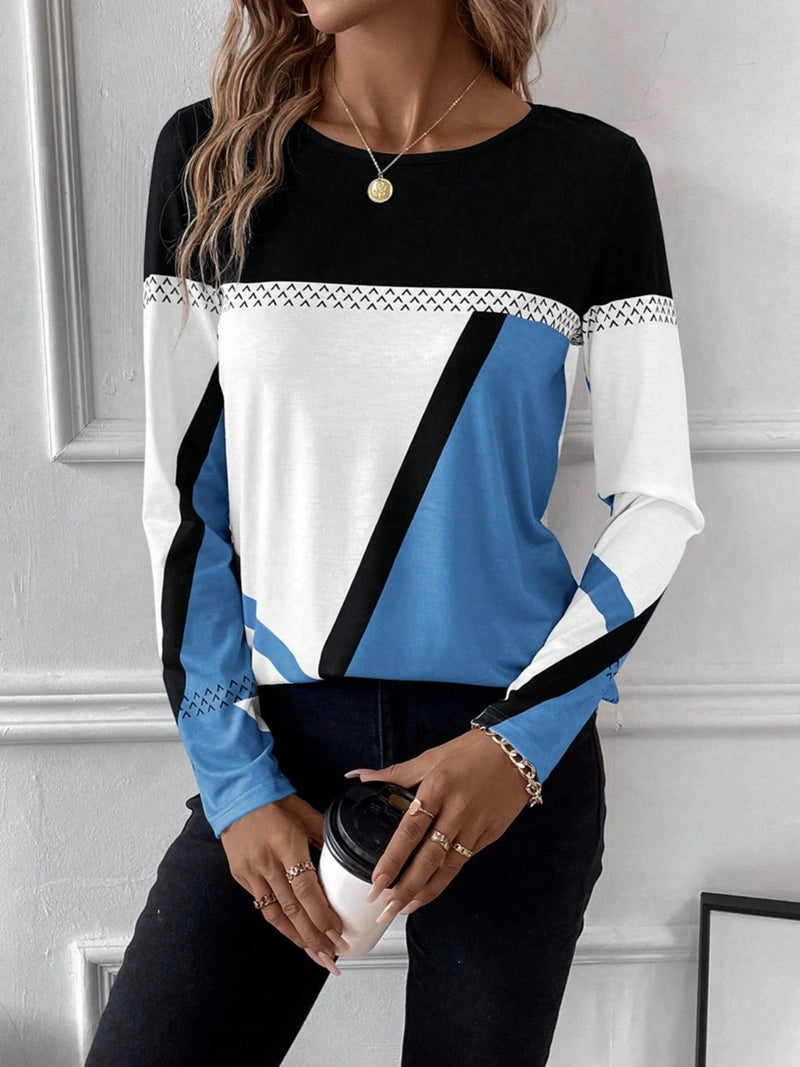 Contrast Round Neck Long Sleeve T-Shirt Sky Blue