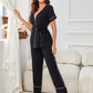 Contrast Piping Belted Top and Pants Pajama Set