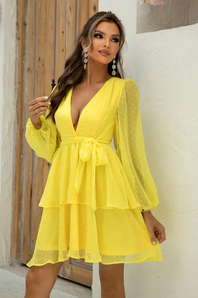 Tie Waist Balloon Sleeve Layered Dress