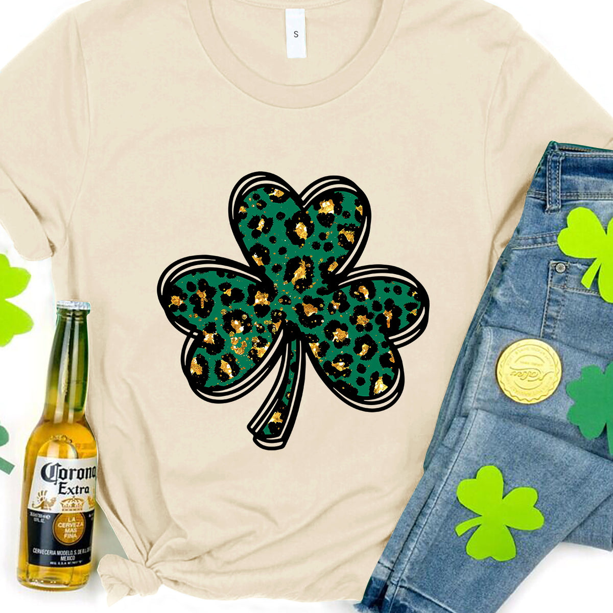 Lucky Clover Round Neck Short Sleeve T-Shirt Tan