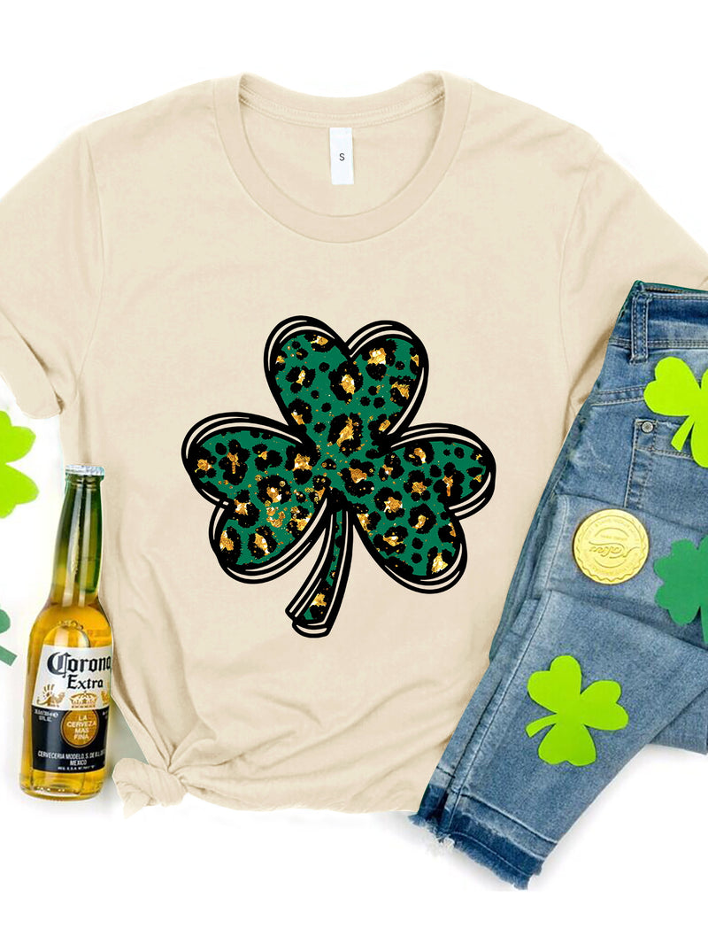 Lucky Clover Round Neck Short Sleeve T-Shirt Tan