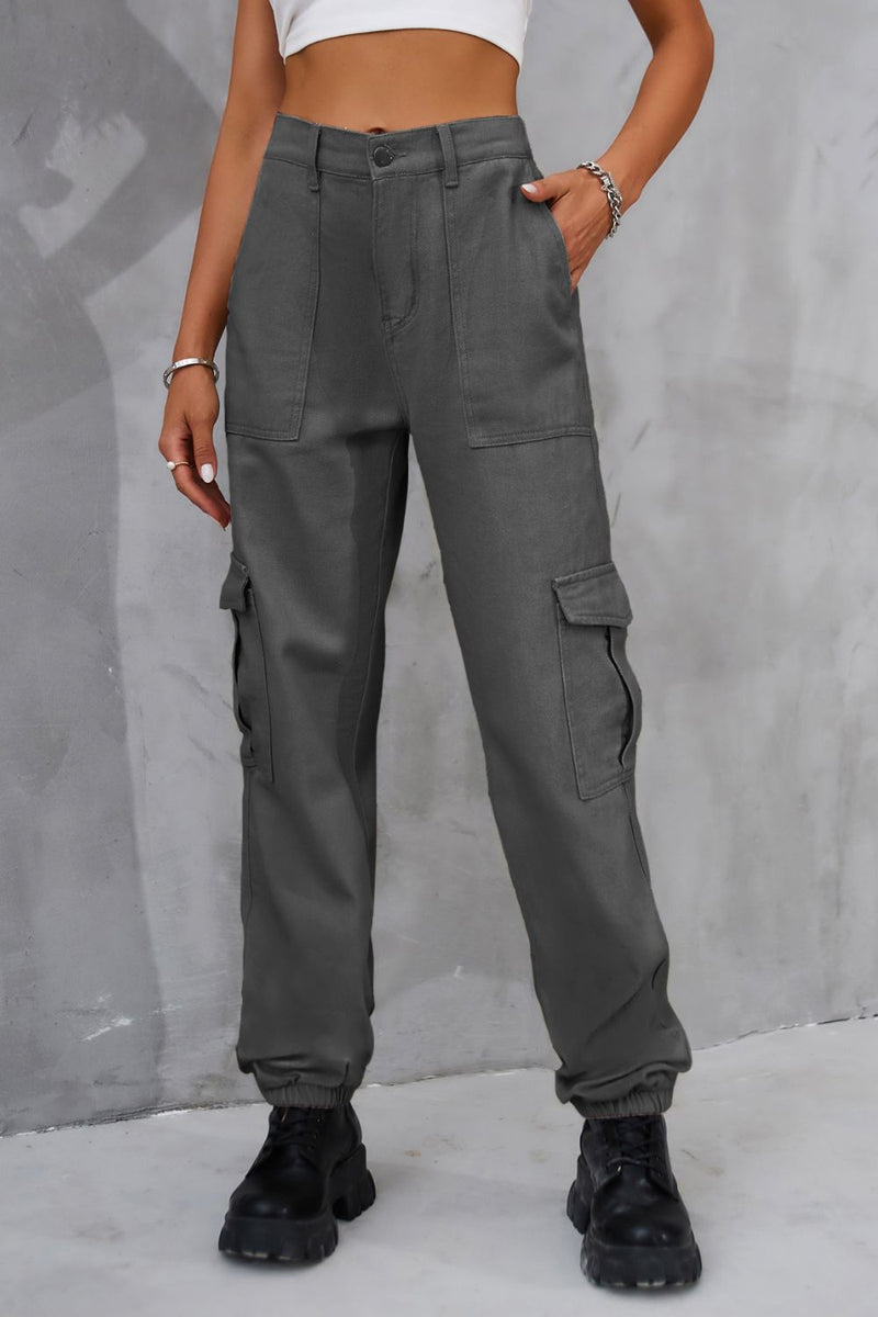 Buttoned High Waist Jeans with Pockets Dark Gray