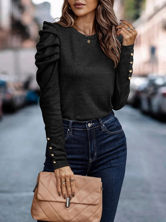 Decorative Button Puff Sleeve T-Shirt Black