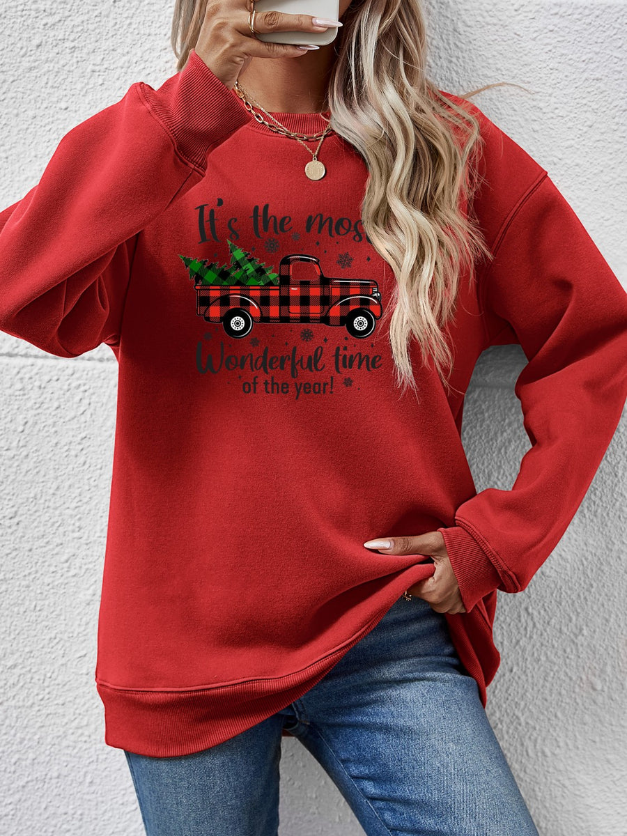 Graphic Round Neck Long Sleeve Sweatshirt Deep Red