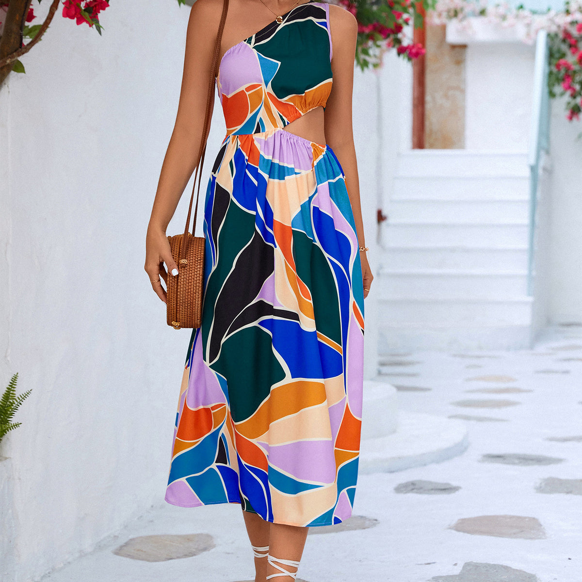 Printed Cutout One-Shoulder Sleeveless Dress
