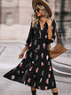 Printed V-Neck Slit Dress Black