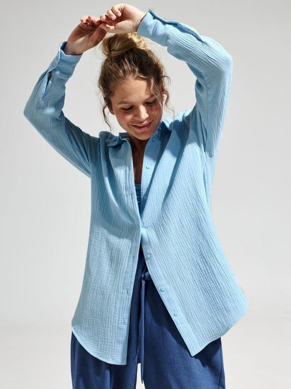 Textured Collared Neck Long Sleeve Shirt Light Blue