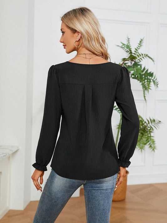 Notched Flounce Sleeve Blouse