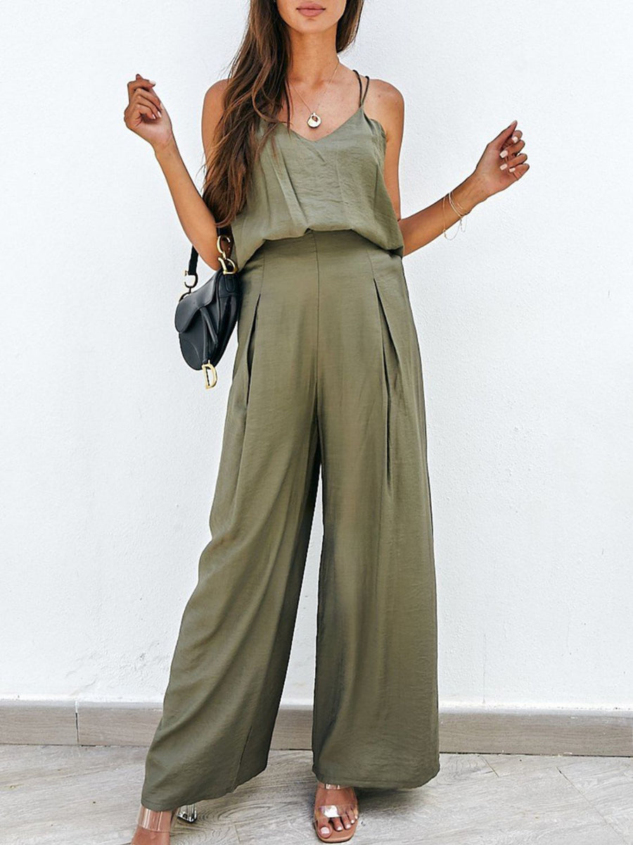 Spaghetti Strap Cami and Wide Leg Pants Set Matcha Green