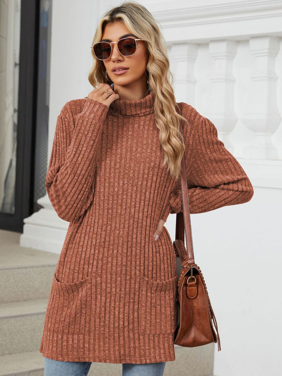 Ribbed Mock Neck Long Sleeve T-Shirt Orange-Red