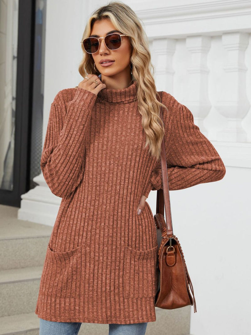 Ribbed Mock Neck Long Sleeve T-Shirt Orange-Red