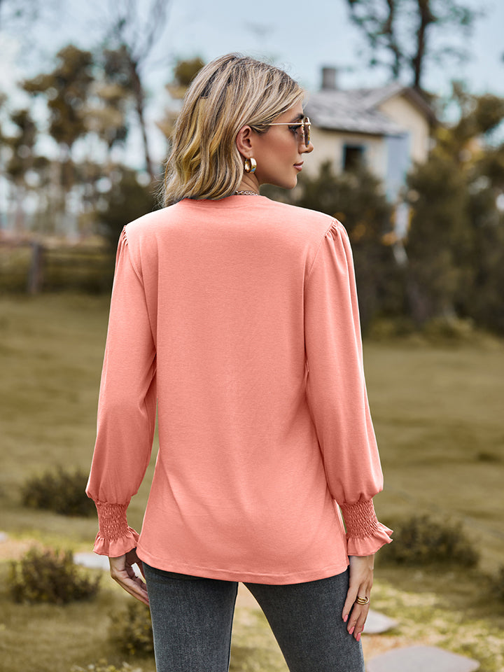 Notched Neck Flounce Sleeve Blouse