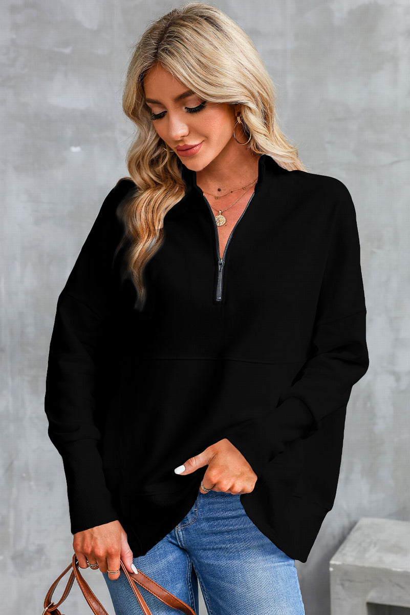 Half Zip Pocketed Dropped Shoulder Sweatshirt Black