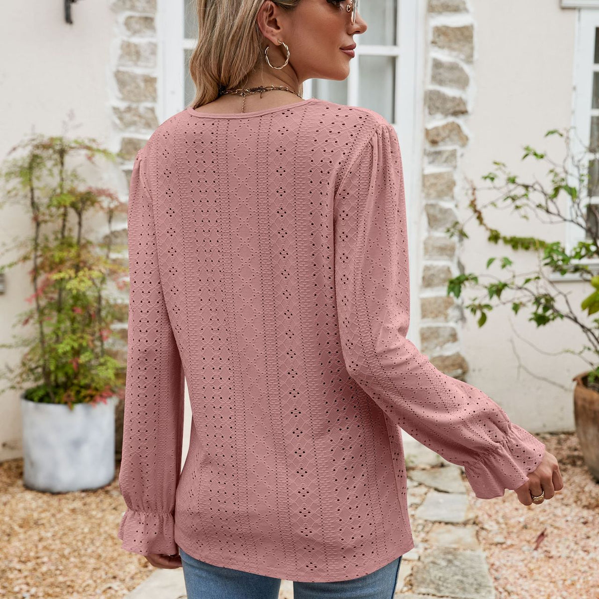 Eyelet Lace Trim Flounce Sleeve Blouse